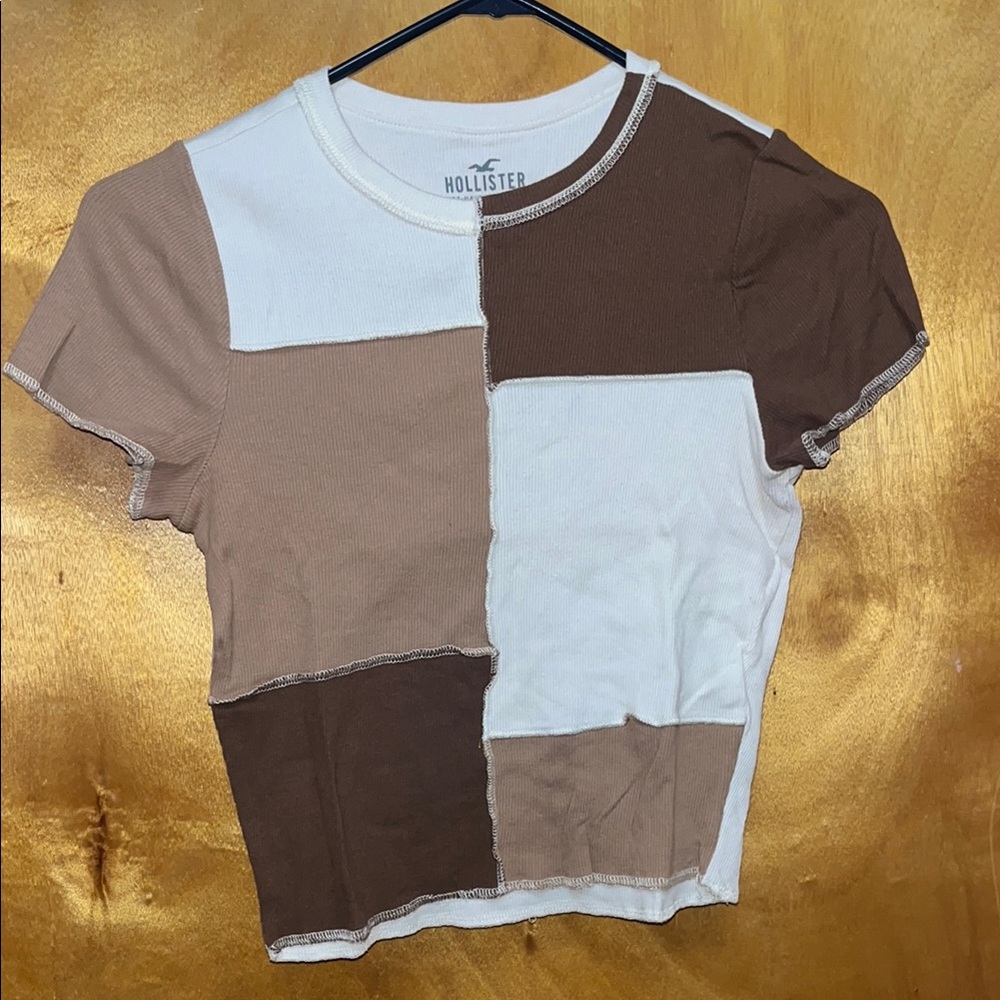 Hollister Women's Patchwork Top - Brown and Cream